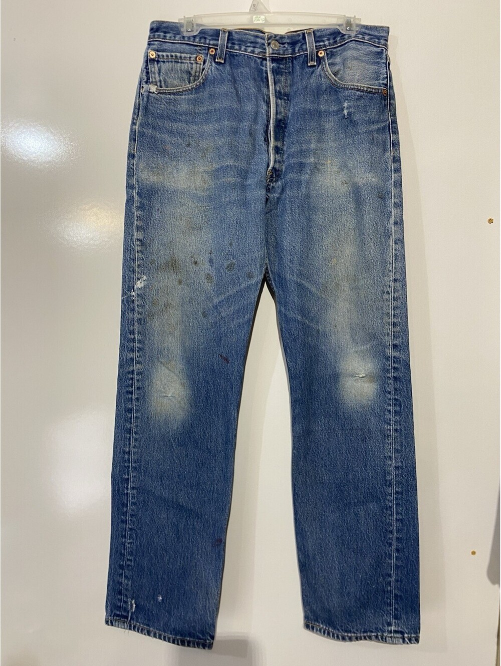 Mens LEVIS 501xx Blue Distressed Vintage Button Fly Straight Jeans Sz 35X31